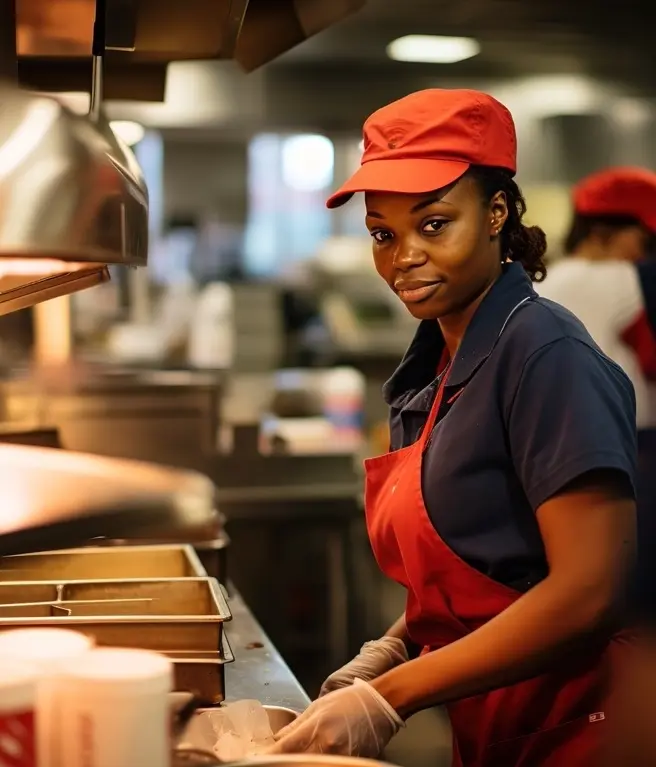 A women in a Game Day Grill kitchen cooking